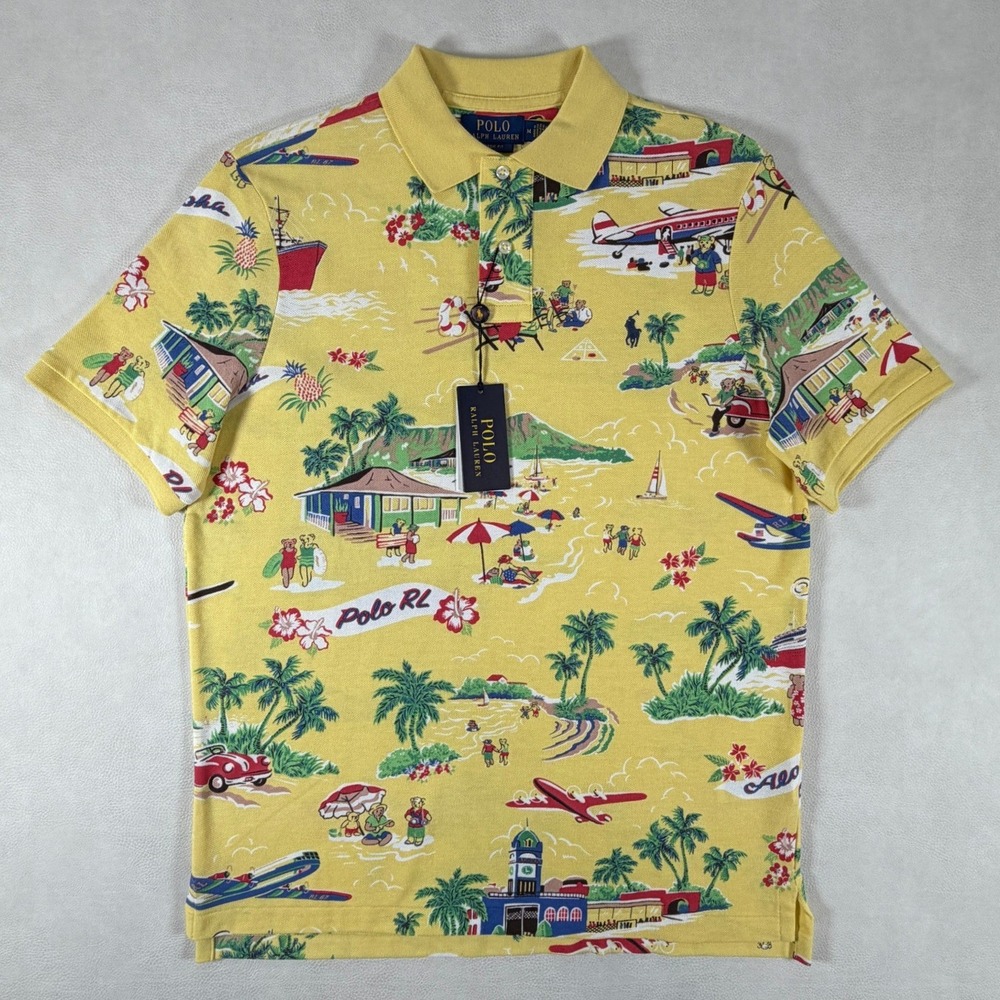 Polo Ralph Lauren Mens Medium Yellow Hawaiian Beach Polo Bear Print Shirt New